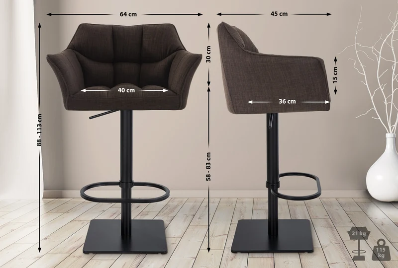 Lot de 2 tabourets de bar réglable en tissu marron assise enveloppante capitonnée et avec base carrée en métal noir 10_0006771