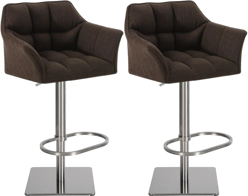 Lot de 2 tabourets de bar réglable en tissu marron assise enveloppante capitonnée et avec base carrée en acier inoxydable 10_0006770