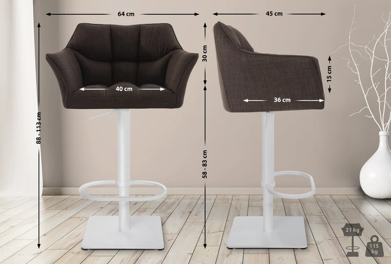 Lot de 2 tabourets de bar réglable en tissu marron assise enveloppante capitonnée et avec base carrée en métal blanc 10_0006769