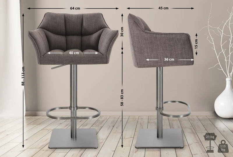 Lot de 2 tabourets de bar réglable en tissu gris assise enveloppante capitonnée et avec base carrée en acier inoxydable 10_0006704