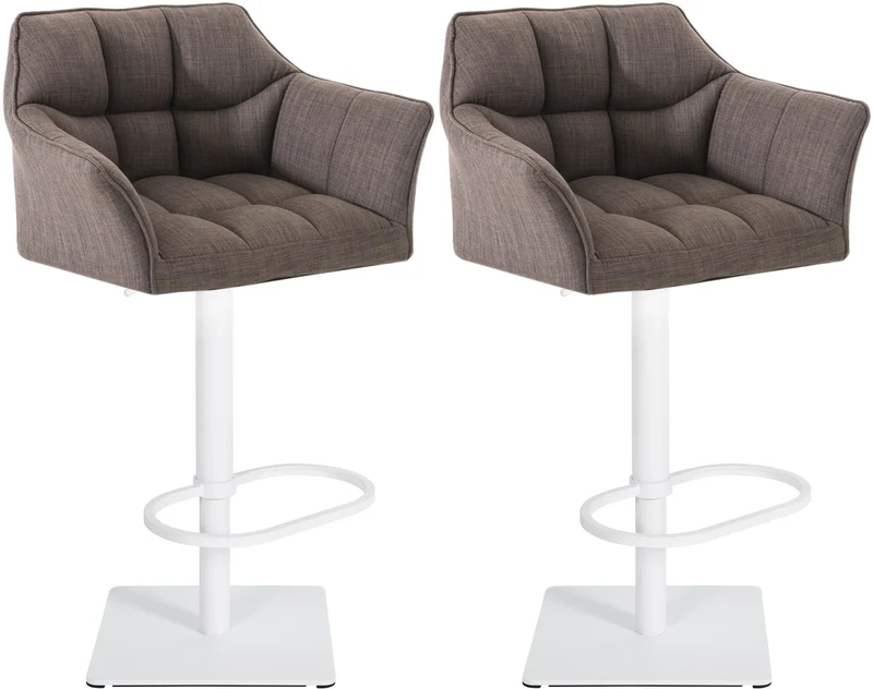 Lot de 2 tabourets de bar réglable en tissu gris assise enveloppante capitonnée et avec base carrée en métal blanc 10_0006703