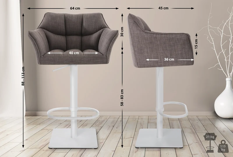 Lot de 2 tabourets de bar réglable en tissu gris assise enveloppante capitonnée et avec base carrée en métal blanc 10_0006703