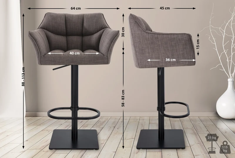 Lot de 2 tabourets de bar réglable en tissu gris assise enveloppante capitonnée et avec base carrée en métal noir 10_0006705