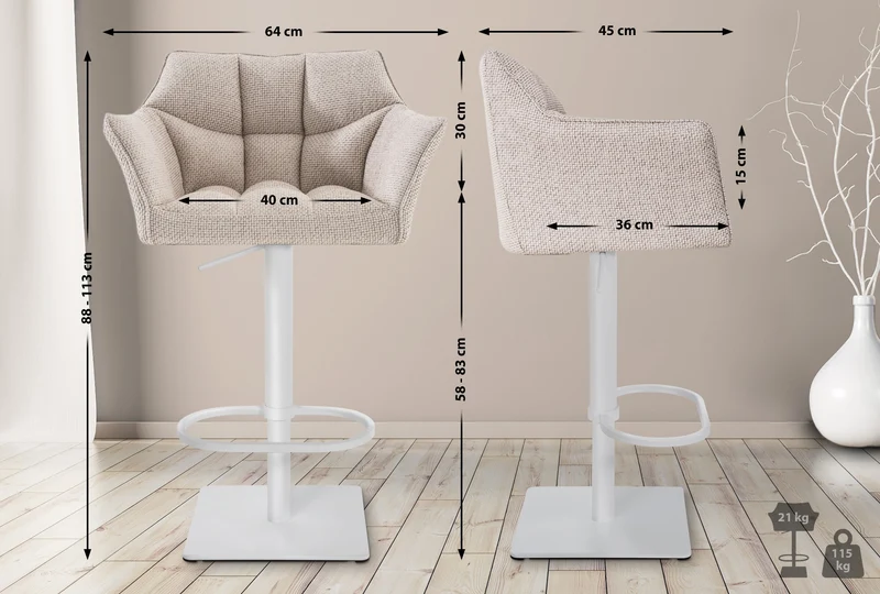 Lot de 2 tabourets de bar réglable en tissu beige assise enveloppante capitonnée avec base carrée en métal blanc 10_0006623