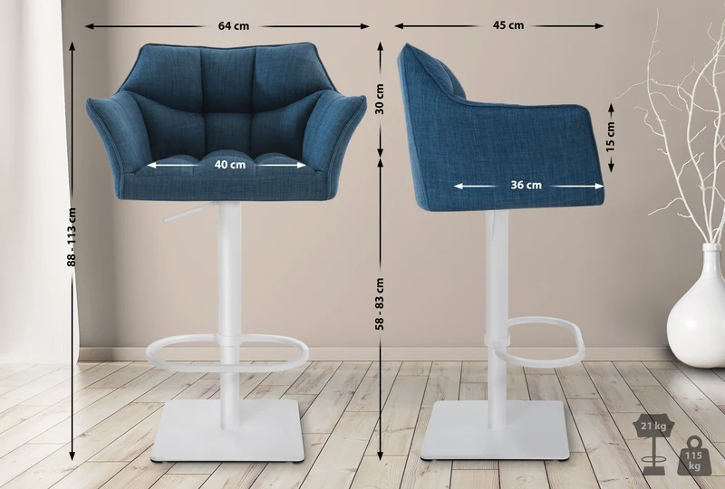 Lot de 2 tabourets de bar réglable en tissu bleu assise enveloppante capitonnée et avec base carrée en métal blanc 10_0006621