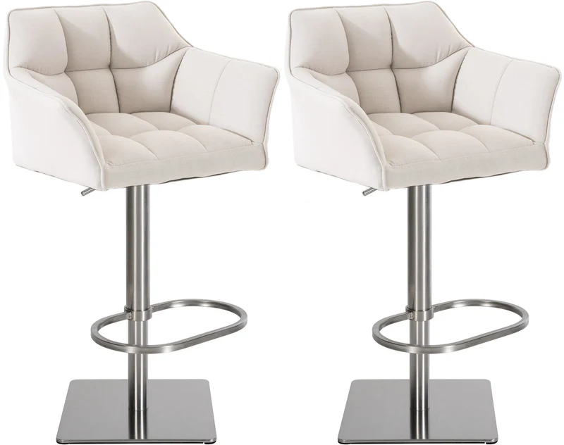 Lot de 2 tabourets de bar réglable en tissu blanc assise enveloppante capitonnée avec base carrée en acier inoxydable 10_0006795