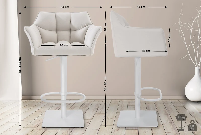 Lot de 2 tabourets de bar réglable en tissu blanc assise enveloppante capitonnée et avec base carrée en métal blanc 10_0006794