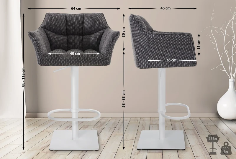 Lot de 2 tabourets de bar réglable en tissu gris assise enveloppante capitonnée avec base carrée en métal blanc 10_0006625