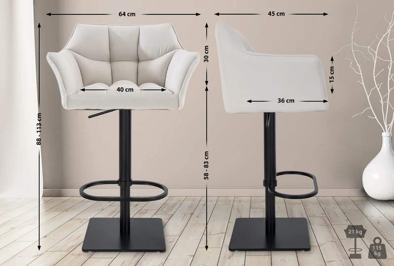 Lot de 2 tabourets de bar réglable en tissu blanc assise enveloppante capitonnée avec base carrée en métal noir 10_0006796