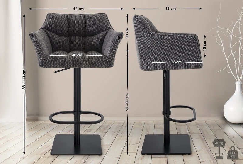 Lot de 2 tabourets de bar réglable en tissu gris assise enveloppante capitonnée avec base carrée en métal noir 10_0006354