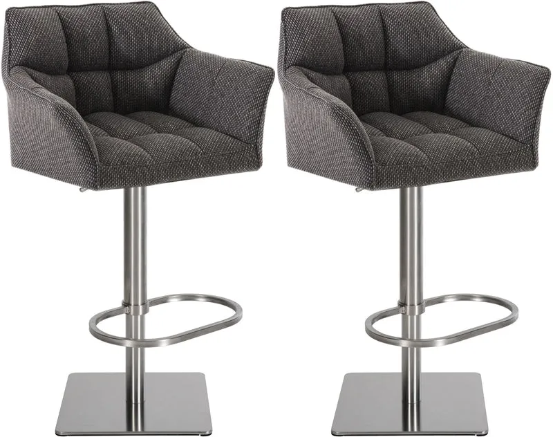 Lot de 2 tabourets de bar réglable en tissu gris assise enveloppante capitonnée et avec base carrée en acier inoxydable 10_0006353