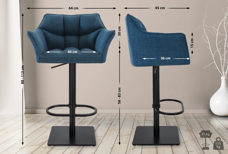 Lot de 2 tabourets de bar réglable en tissu bleu assise enveloppante capitonnée et avec base carrée en métal noir 10_0006298