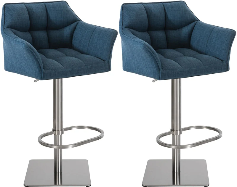 Lot de 2 tabourets de bar réglable en tissu bleu assise enveloppante capitonnée et avec base carrée en acier inoxydable 10_0006297