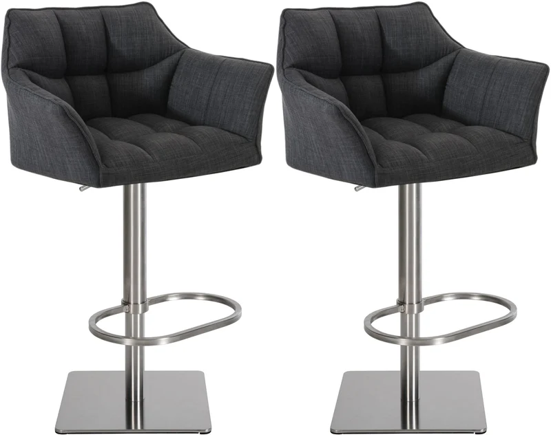 Lot de 2 tabourets de bar réglable en tissu gris foncé assise enveloppante capitonnée avec base carrée en acier inoxydable 10_0006018