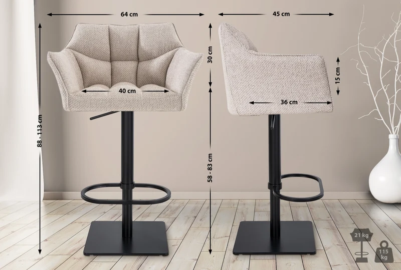 Lot de 2 tabourets de bar réglable en tissu beige assise enveloppante capitonnée avec base carrée en métal noir 10_0005838