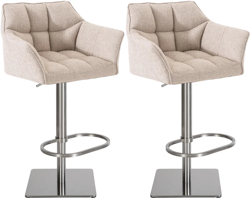 Lot de 2 tabourets de bar réglable en tissu beige assise enveloppante capitonnée avec base carrée en acier inoxydable 10_0005837