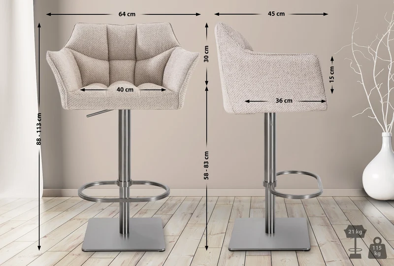 Lot de 2 tabourets de bar réglable en tissu beige assise enveloppante capitonnée avec base carrée en acier inoxydable 10_0005837