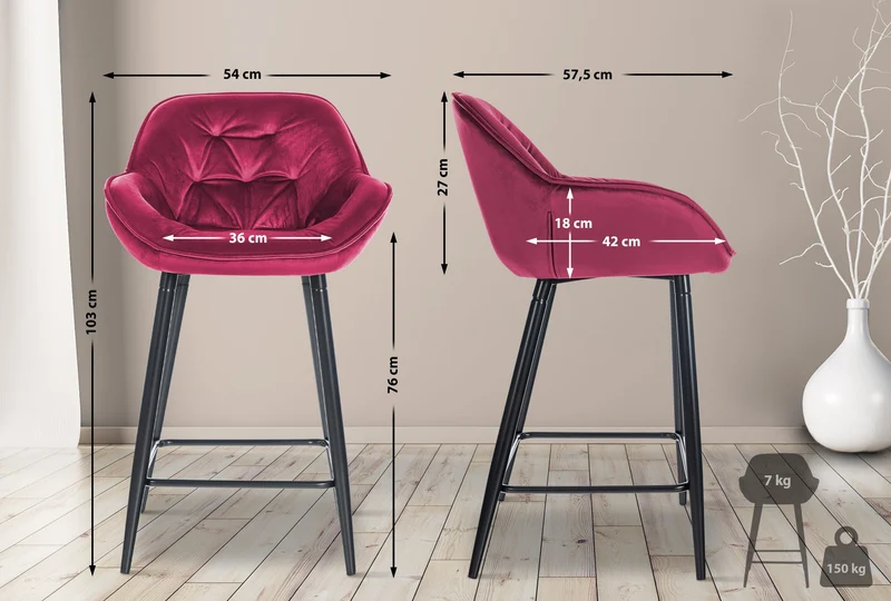 Lot de 2 tabourets de bar moderne en velours rouge bordeaux assise enveloppante capitonnée pieds métal noir 10_0006031