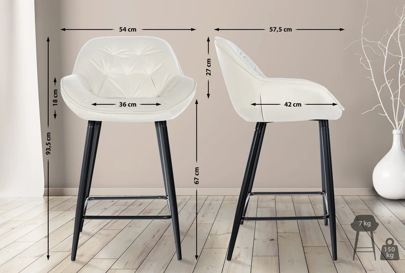 Tabouret de bar x1 moderne en velours crème assise enveloppante capitonnée pieds métal noir 10_0006023