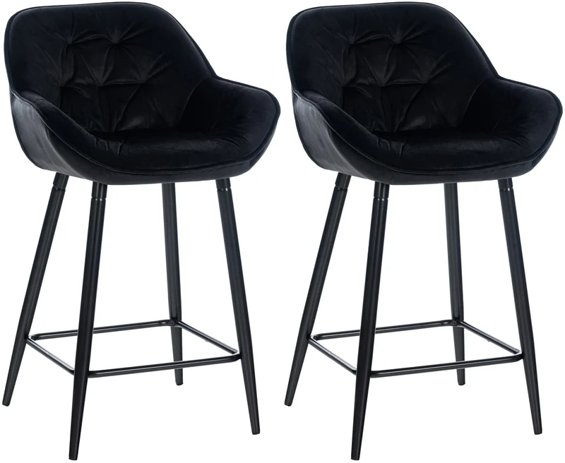 Lot de 2 tabourets de bar moderne en velours noir assise enveloppante capitonnée pieds métal noir 10_0005564