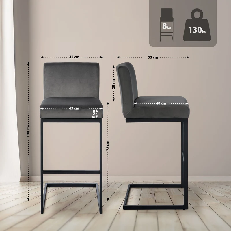 Tabouret de bar x1 avec dossier pieds en forme de luge en métal noir assise en velours gris 10_0005878