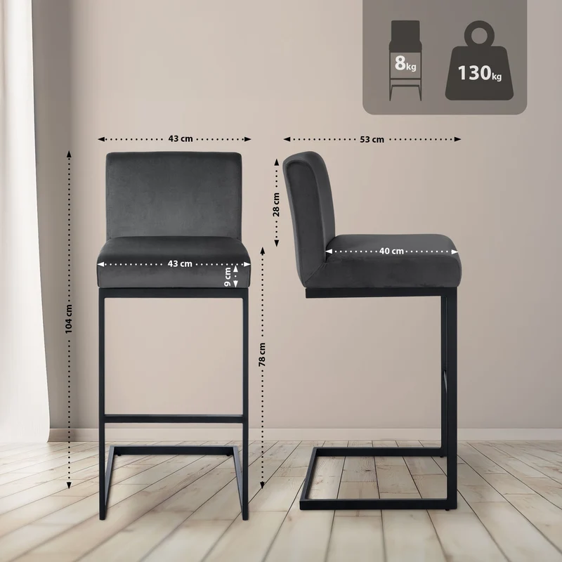 Tabouret de bar x1 avec dossier pieds en forme de luge en métal noir assise en velours gris foncé 10_0005808