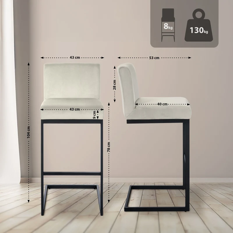 Tabouret de bar x1 avec dossier pieds en forme de luge en métal noir assise en velours crème 10_0005787