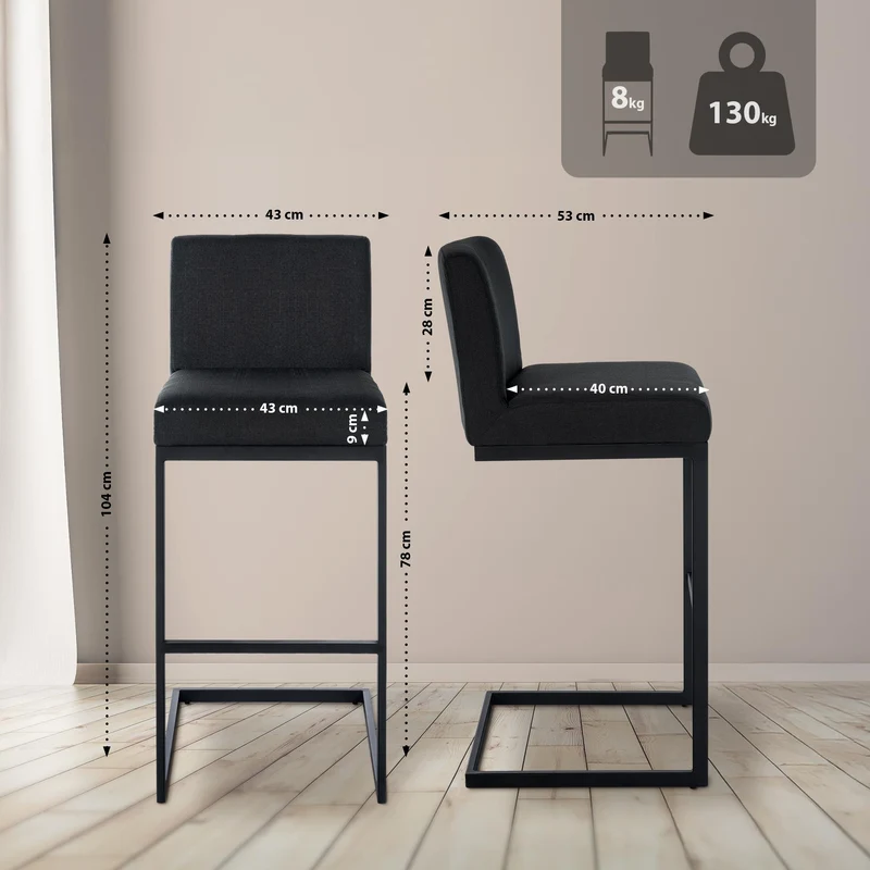 Tabouret de bar x1 avec dossier pieds en forme de luge en métal noir assise en tissu gris foncé 10_0005634