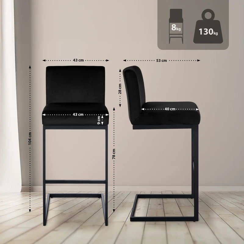 Tabouret de bar x1 avec dossier pieds en forme de luge en métal noir assise en velours noir 10_0005624