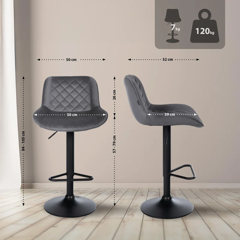 Lot de 2 tabourets de bar repose-pieds hauteur réglable en velours gris foncé coutures losange cadre métal noir 10_0006336