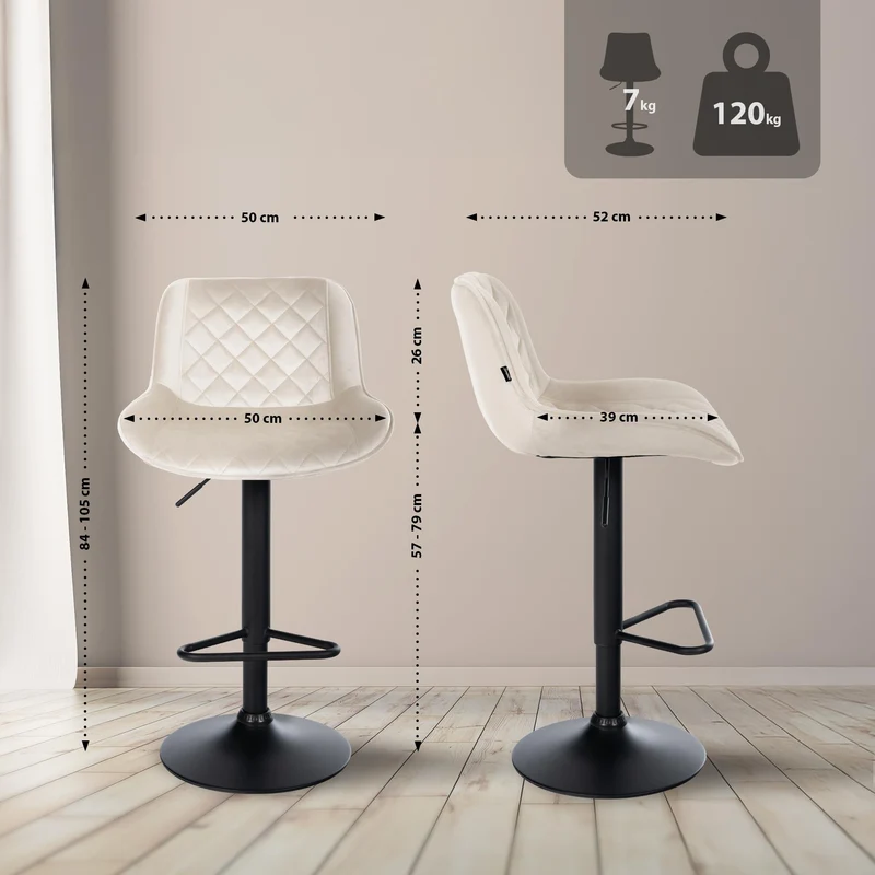 Lot de 2 tabourets de bar repose-pieds hauteur réglable en velours crème coutures losange cadre métal noir 10_0005979