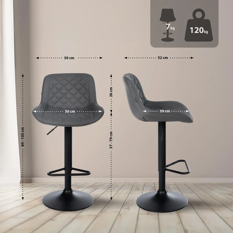 Tabouret de bar x1 repose-pieds hauteur réglable en similicuir gris foncé coutures losange cadre métal noir 10_0005929