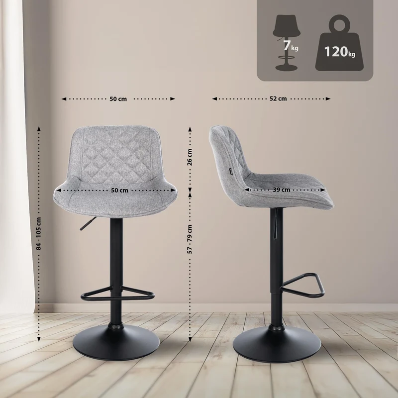 Tabouret de bar x1 repose-pieds hauteur réglable en tissu gris clair coutures losange cadre métal noir 10_0005872