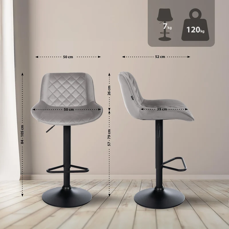 Tabouret de bar x1 repose-pieds hauteur réglable en velours gris coutures losange cadre métal noir 10_0005841