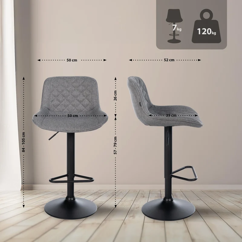 Tabouret de bar x1 repose-pieds hauteur réglable en tissu gris foncé coutures losange cadre métal noir 10_0005803