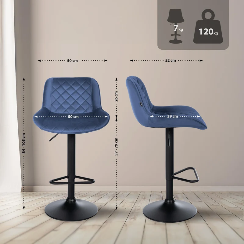 Tabouret de bar x1 repose-pieds hauteur réglable en velours bleu coutures losange cadre métal noir 10_0005625