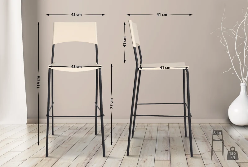 Tabouret de bar x1 empilable assise en plastique crème cadre en métal noir à 4 pieds 10_0005629