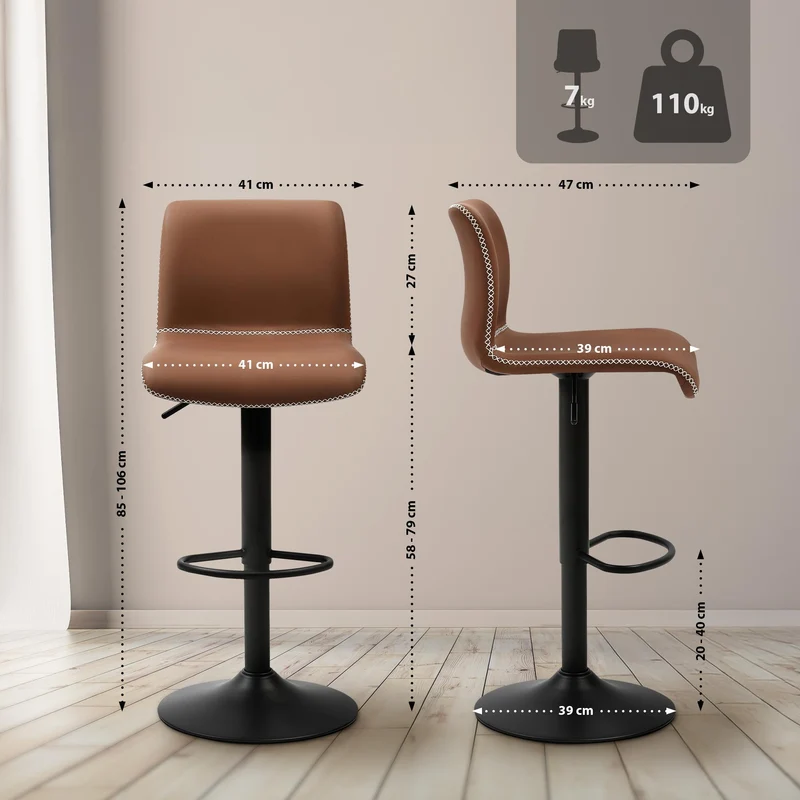 Tabouret de bar x1 avec coutures contrastées repose-pieds hauteur réglable en similicuir marron structure métallique noir 10_0005631