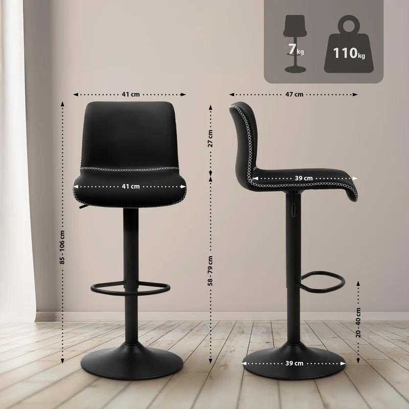 Tabouret de bar x1 avec coutures contrastées repose-pieds hauteur réglable en similicuir noir structure métallique noir 10_0005630