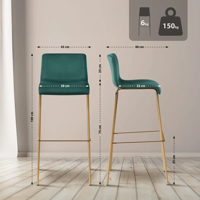 Tabouret de bar x1 en velours vert cadre métallique doré à quatre pieds style chic et moderne 10_0005949