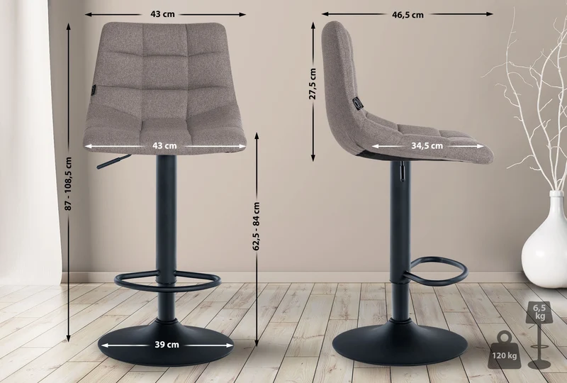 Tabouret de bar x1 moderne en tissu gris motif matelassé piètement trompette métal noir 10_0005854