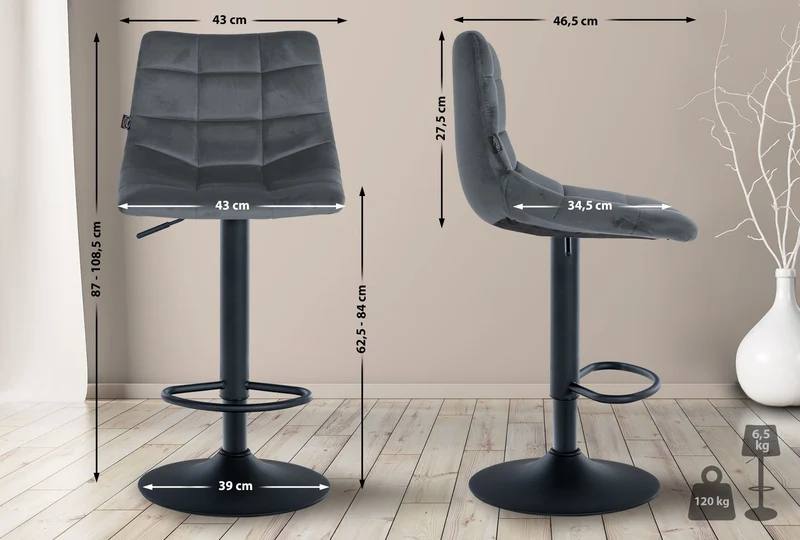 Tabouret de bar x1 moderne en velours noir motif matelassé piètement trompette métal noir 10_0005665