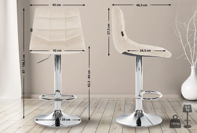 Tabouret de bar x1 moderne en velours crème motif matelassé piètement trompette métal chromé 10_0005657