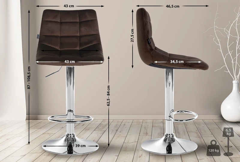Tabouret de bar x1 design minimaliste motif matelassé en velours marron et pieds en métal chromé 10_0005656