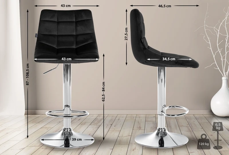 Tabouret de bar x1 moderne en velours noir motif matelassé piètement trompette métal chromé 10_0005655