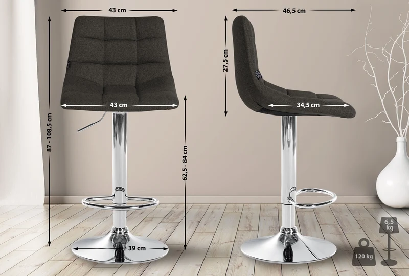 Tabouret de bar x1 moderne en tissu gris foncé motif matelassé piètement trompette métal chromé 10_0005653