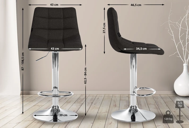 Tabouret de bar x1 moderne en tissu noir motif matelassé piètement trompette métal chromé 10_0005652