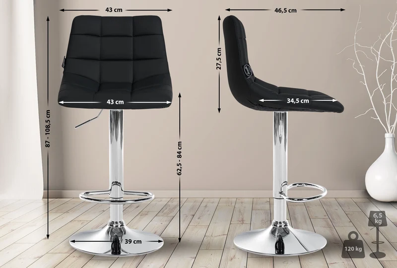 Tabouret de bar x1 moderne en PVC noir motif matelassé piètement trompette métal chromé 10_0005646