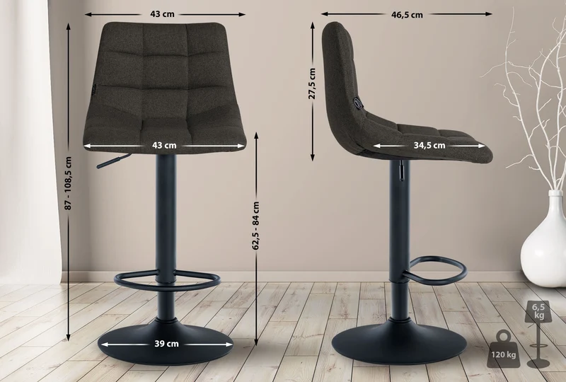 Tabouret de bar x1 moderne en tissu gris foncé motif matelassé piètement trompette métal noir 10_0005644