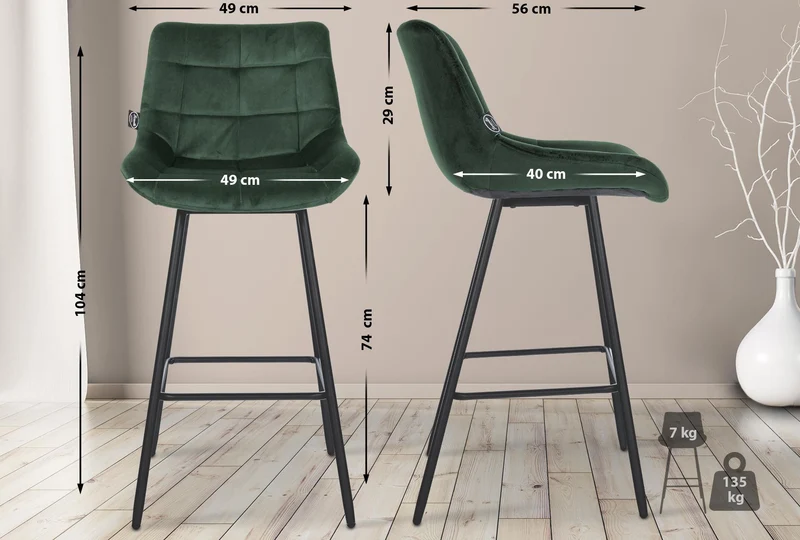 Tabouret de bar x1 en velours matelassé vert foncé cadre robuste à quatre pieds métal noir 10_0005628